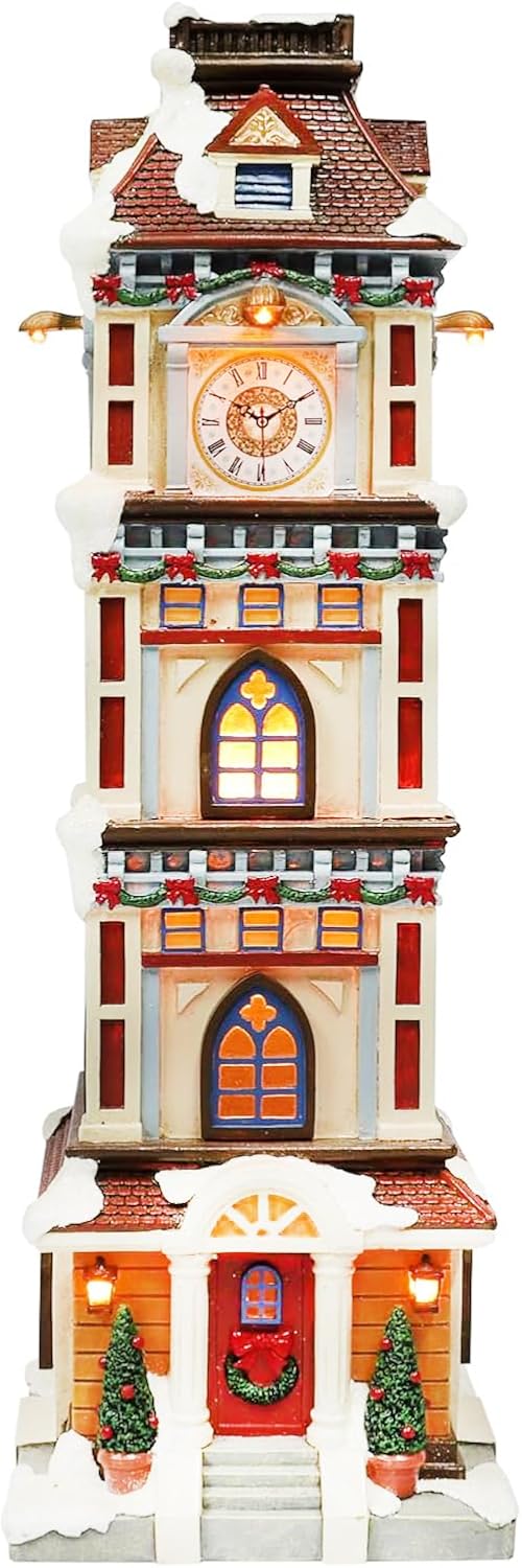 Moments In Time Lighted Christmas Clock Tower - 14.5” Hand-Painted Polyresin Holiday Décor