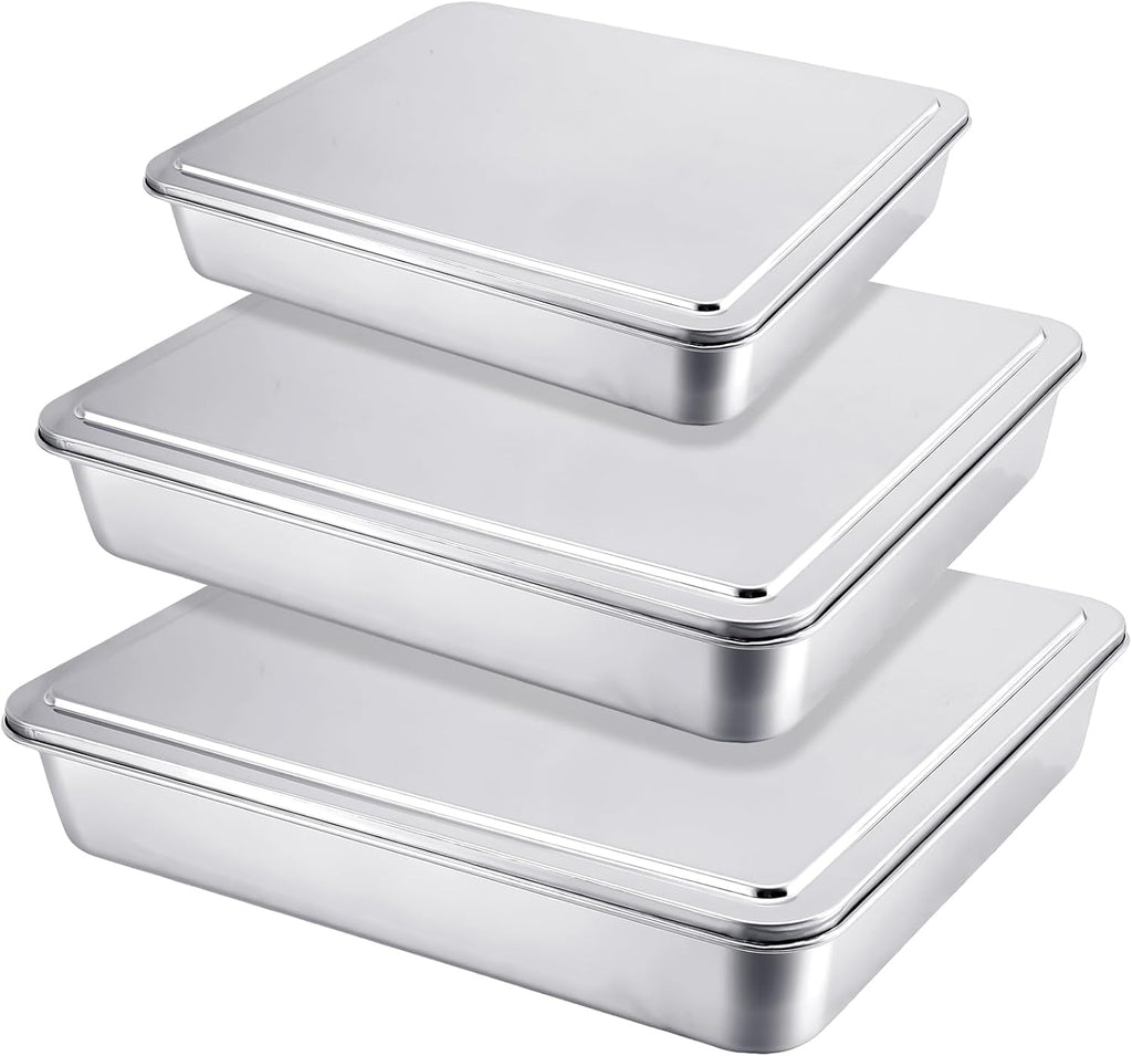 Tioncy Stainless Steel Cake Pan Set - 3 Rectangular Baking Pans with Lids | 13/11/9 Inch for Versatile Cooking