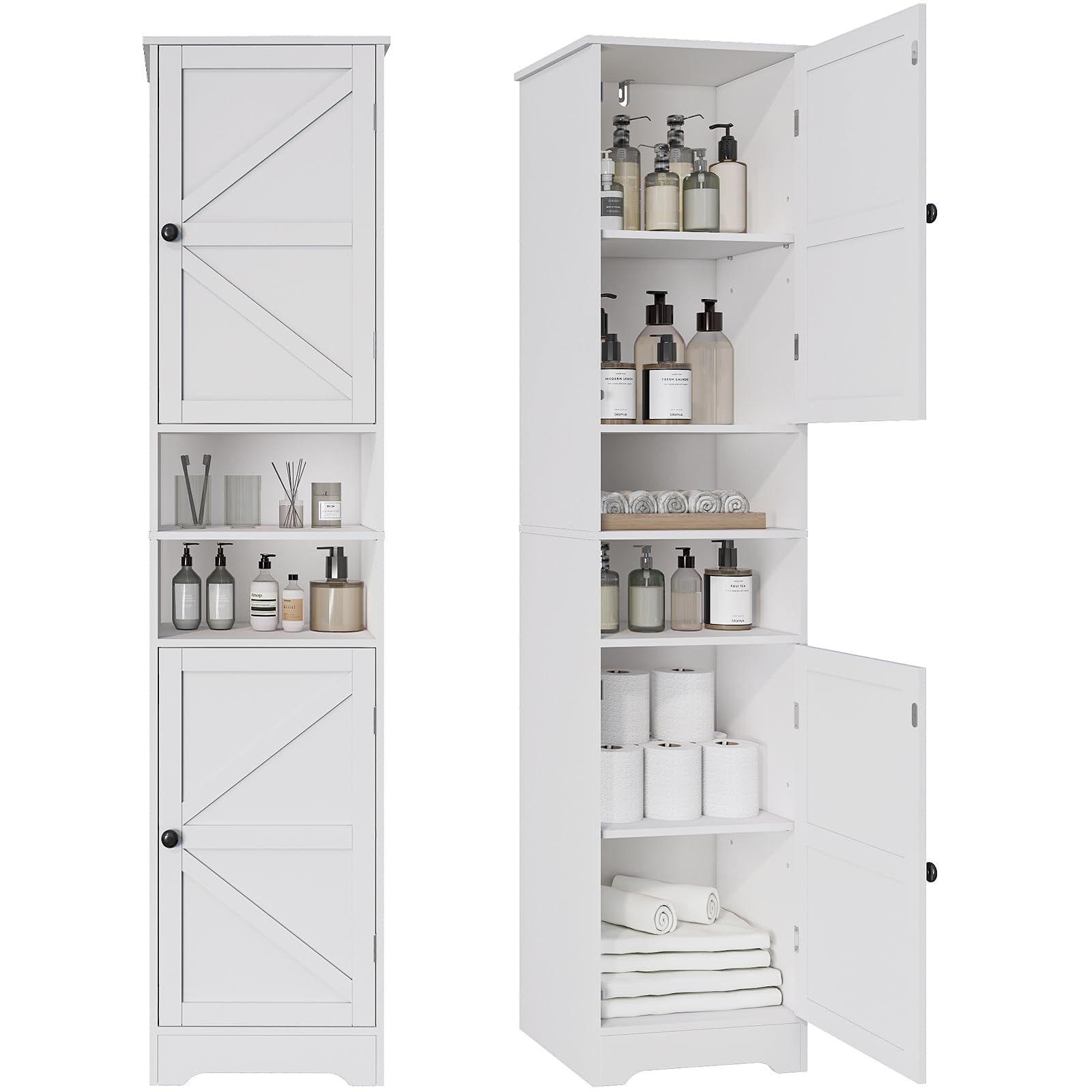Viaozutis Tall Bathroom Storage Cabinet, Vertical Freestanding Organizer with Adjustable Shelf, Slim Design for Small Bathrooms, Towels & Toiletries Storage（White）