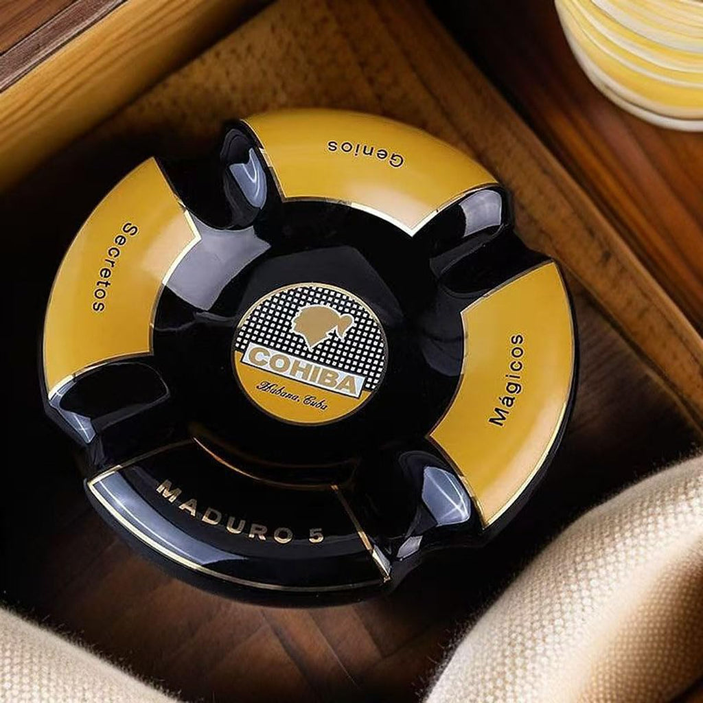 5 Cigar Ashtray, Black and Gold, Round Ceramic, 4 Rests