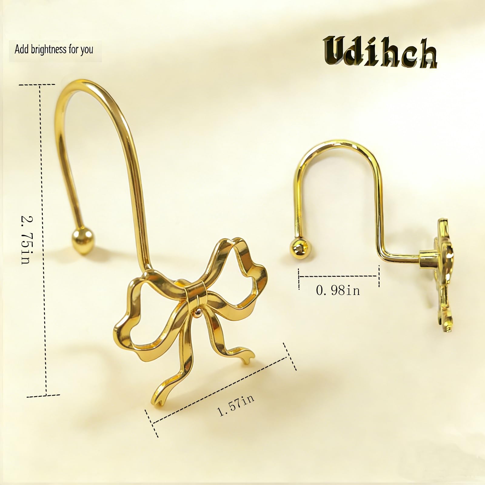Udihch Bow Shower Curtain Hooks,12-Pack, Elegant Shower Curtain Hangers Suitable for Bathrooms, Bedrooms, Living Rooms and Children's Rooms,Easy to Slide, Fits Standard Rods. (Gold)