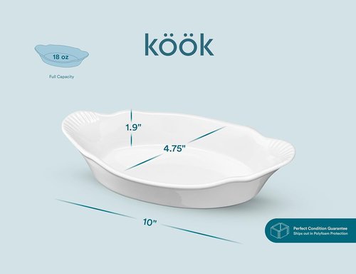 Kook Mini Casserole Dishes - Set of 6 Oven & Microwave Safe Ceramic Au Gratin Baking Dishes | 12 oz (Ivory)