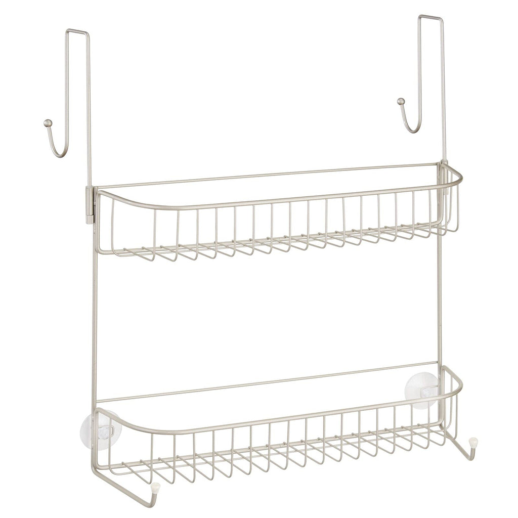 mDesign Extra Wide Metal Wire Over the Bathroom Shower Door Caddy, Hanging Storage Organizer with Built-In Hooks and Baskets on 2 Levels for Shampoo, Body Wash, Loofahs, Rust Resistant - Satin