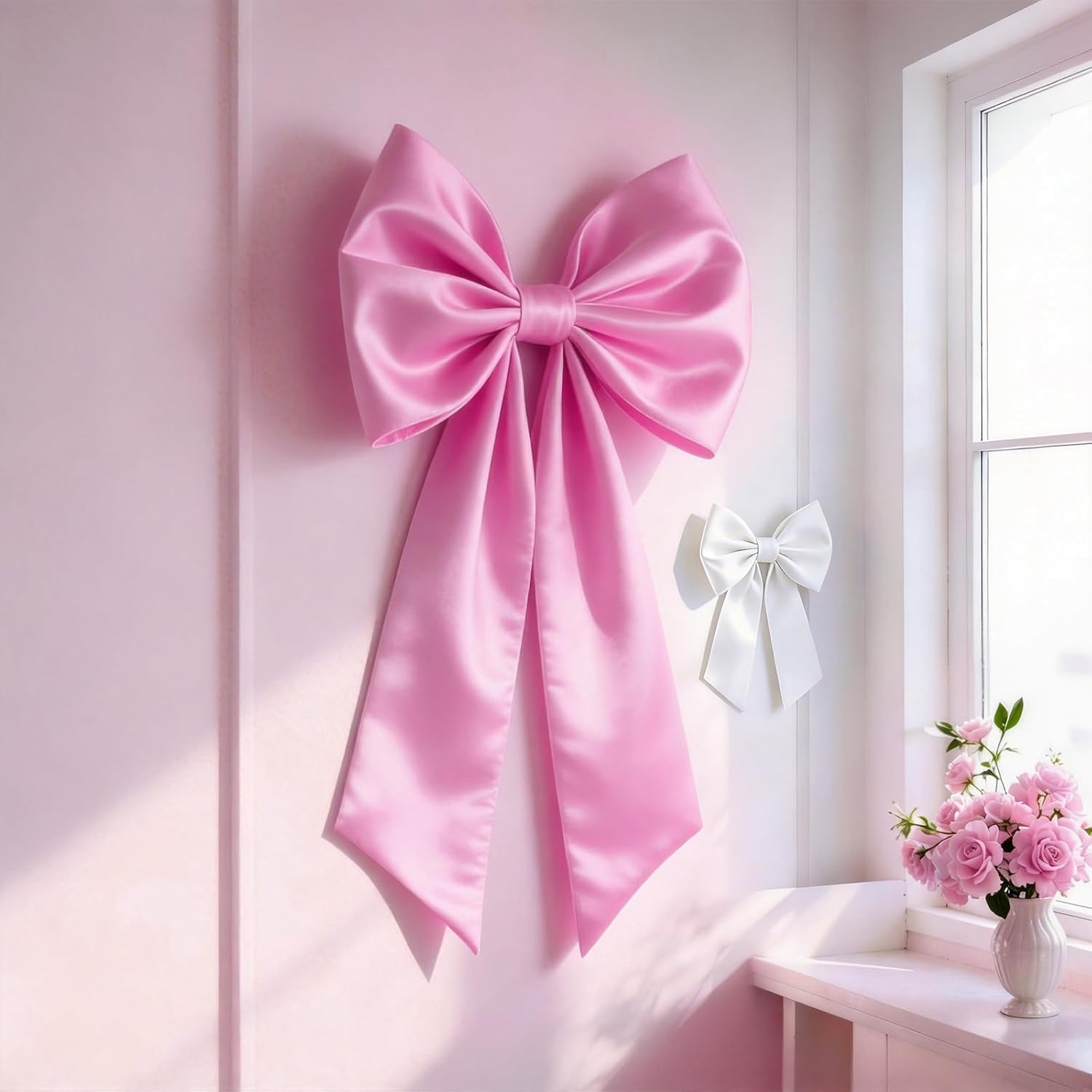 Skiennix Pink & White Bow Decor - 2 Pack for Coquette Room Backdrop | Perfect for Valentine's Day & Weddings