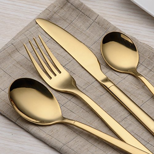 Titanium Gold Flatware Set - 20 Piece Service for 4, Golden Silverware Set with Dinner & Tea Utensils
