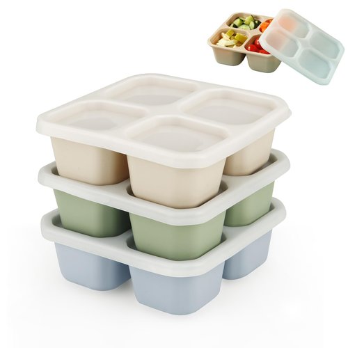 PandaEar 3 Pack Snack Containers, 4 Compartment Silicone Bento Lunch Snack Box with Lids, Reusable Divided Meal Snack Containers for Adults Kids Toddler, Food Storage Containers for School Work Travel