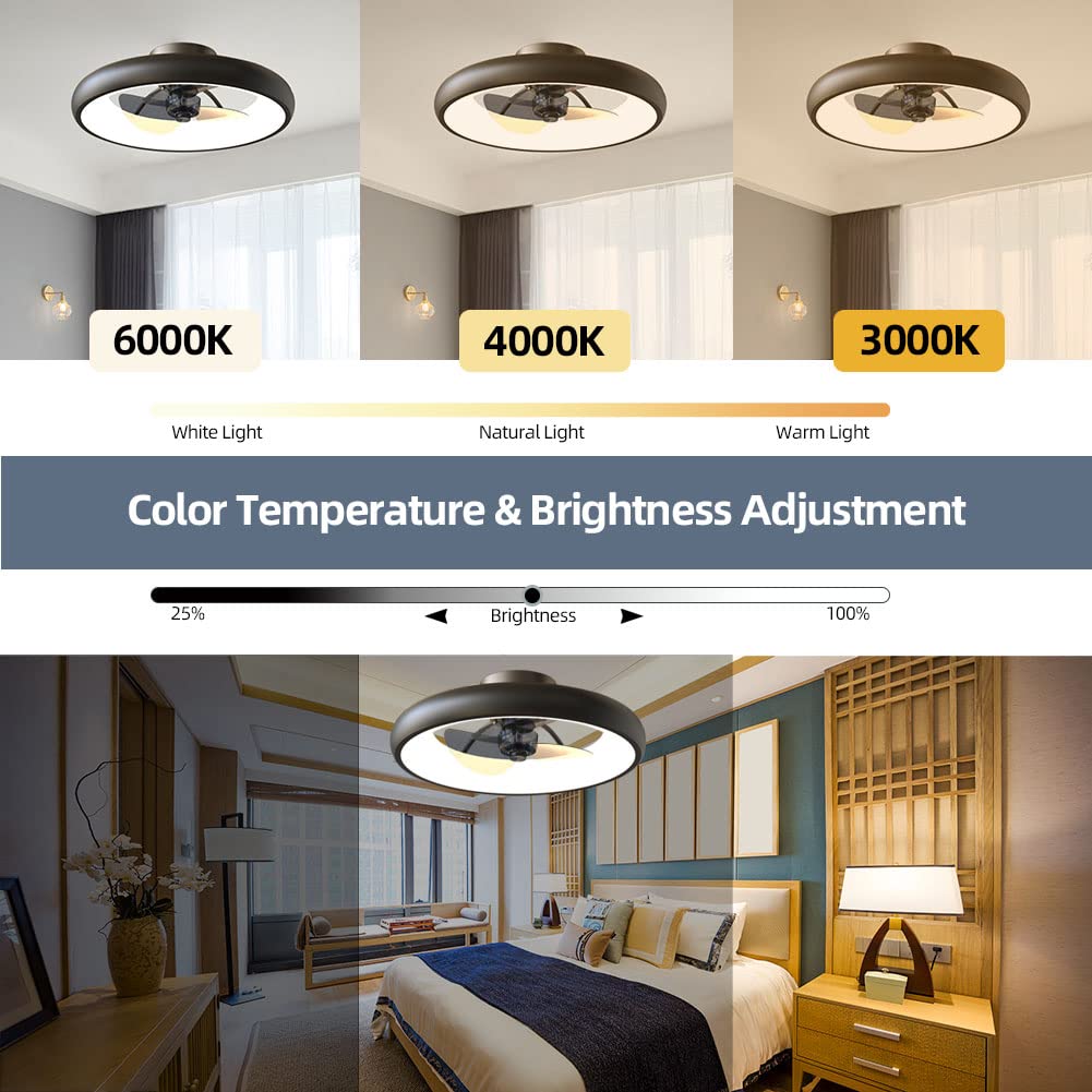 CIKASS Ceiling Fan with Lights Dimmable LED Reversible Blades Timing with Remote Control, 5 Invisible Blades Semi Flush Mount Low Profile Fan (18.9, Black)