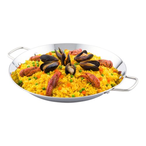 Restaurantware 10 Inch Spanish Paella Pan 1 Induction Ready Paella Pan - Heavy-Duty Riveted Handles Silver Stainless Steel Spanish Pan Dishwasher-Safe Paella Cookware For Homes or Restaurants