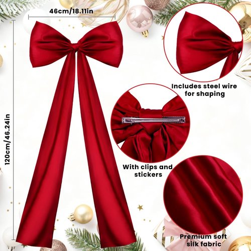 JOICEE Extra Large Christmas Tree Topper Bow, 20 x 47 Inches Christmas Wine Red Stain Bow Giant Xmas Wreath Bows Decorations for Tree Topper Door Home Wall Party Holiday Birthday Wedding Decor