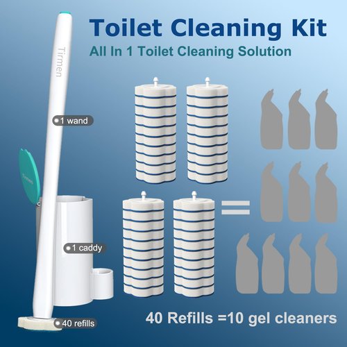 Tirmen Disposable Toilet Brush: Toilet Bowl Brush and Holder Set with 40 Wand Refills, Upgraded Handle, 2X Cleaners, Toilet Cleaning System with Storage Caddy for Sink, Bathtub, Floor, Drain (Green)
