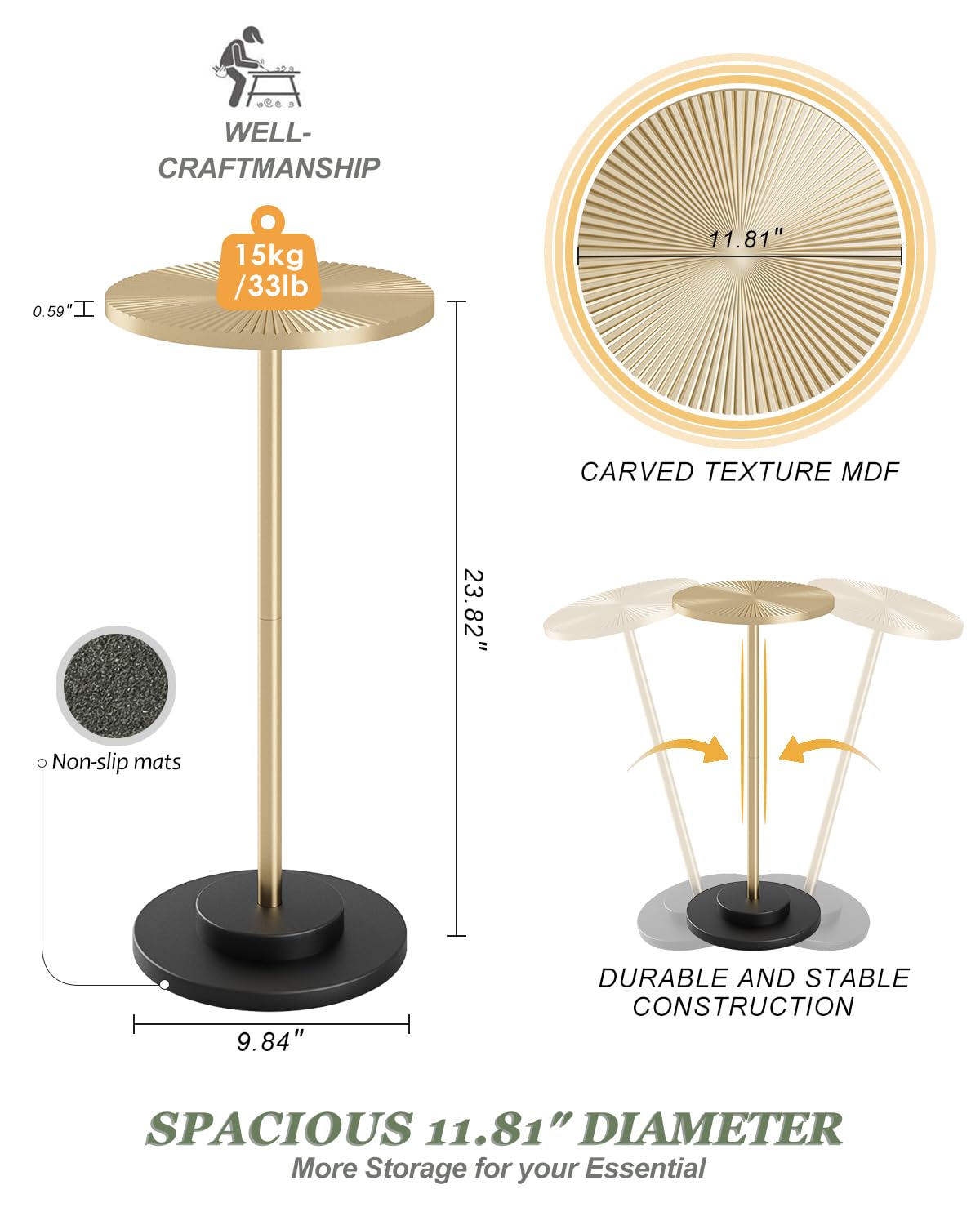 Round Side Table, Small Drink Table for Small Spaces, Modern Accent End Table with Metal Leg for Living Room, Bedroom, Corners, and Office (Gold)
