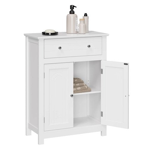 SONGMICS VASAGLE Free Standing Bathroom Cabinet with Drawer and Adjustable Shelf, Kitchen Cupboard, Wooden Entryway Storage Cabinet White, 23.6" L x 11.8" W x 31.5" H, UBBC61WT