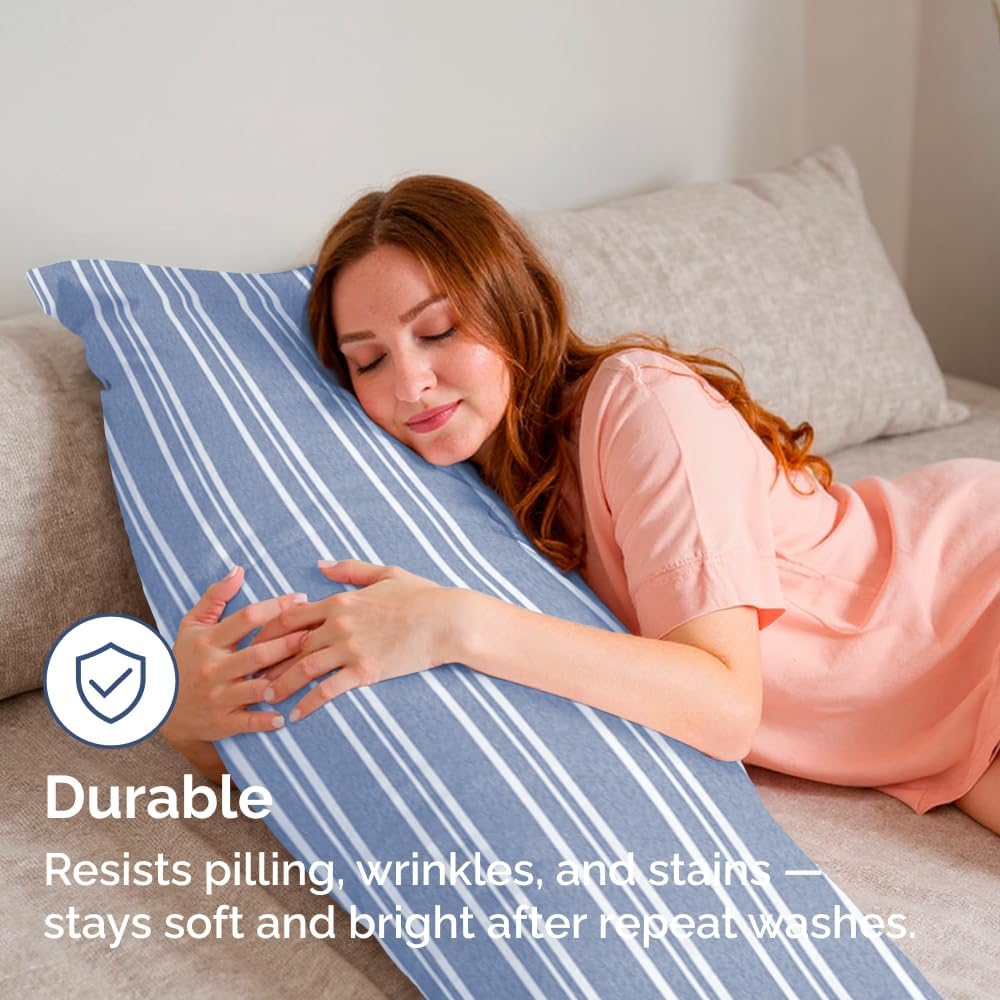 Skiennix Body Pillowcases Set of 4 | Soft & Breathable 20x54 Long Pillow Covers - Fade-Free & Machine Washable (Blue Stripes)