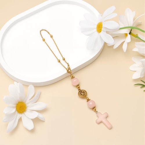 Cross Crystal Hanging Car Charm,Cute Healing Stones Car Decor for Rear View Mirror Boho Handmade Sun Catcher Ornament Accessories Rose Quartz Crystal Protection for Women