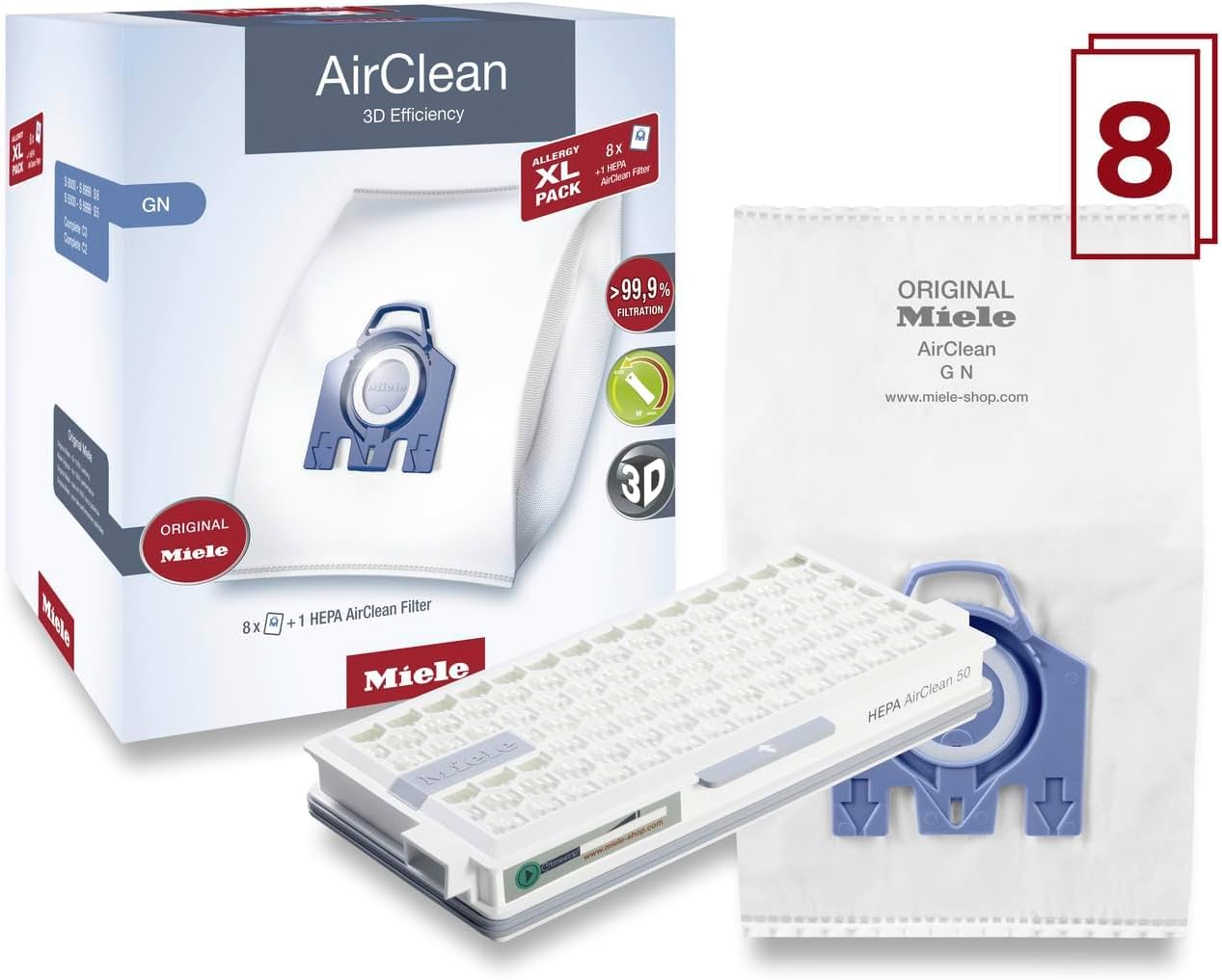 Miele AirClean Type GN Dust Bags - Allergy XL-Pack with 8 Bags, 2 Pre-Motor Filters & 1 HEPA Filter
