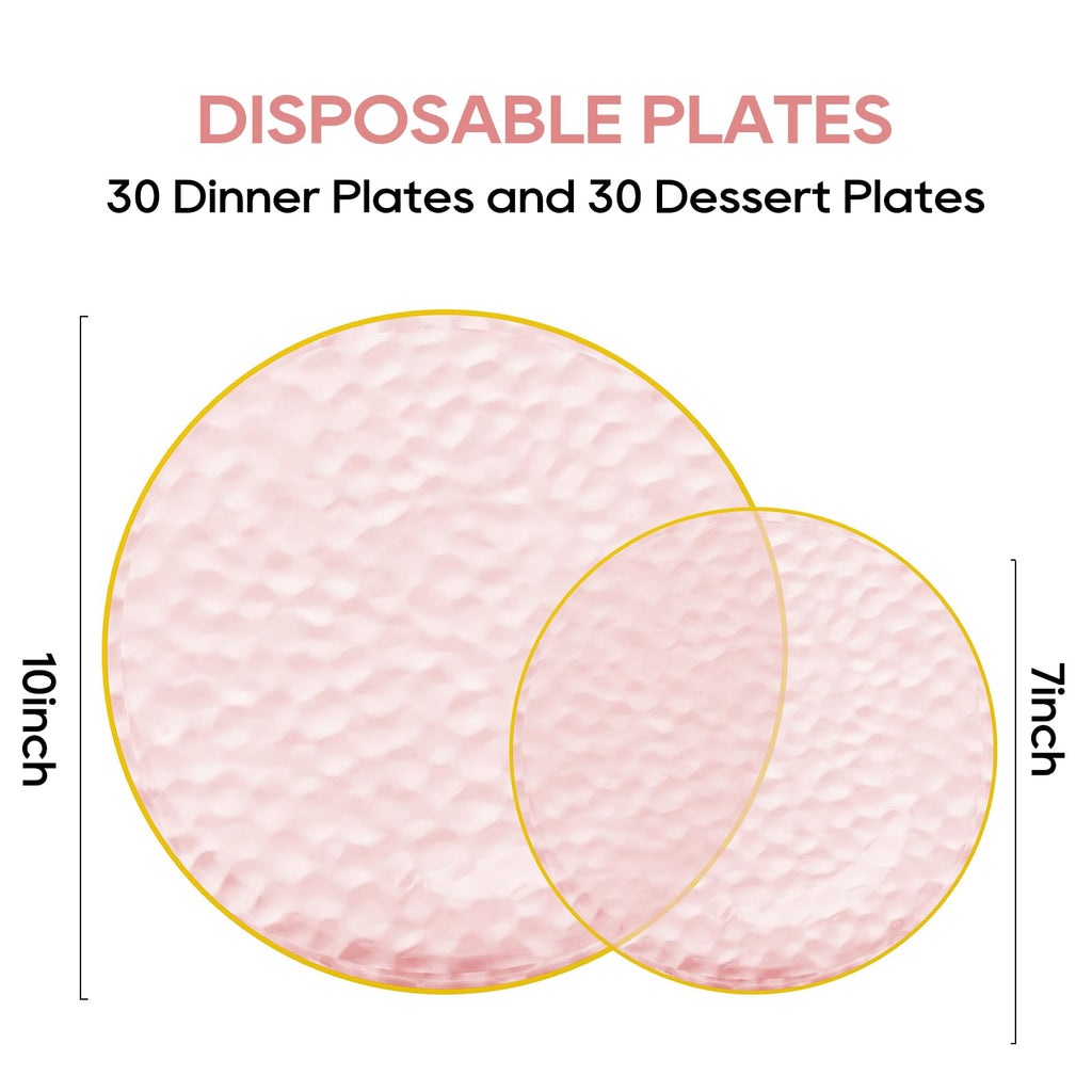 FOCUSLINE 60Pcs Clear Plastic Plates, Pink Disposable Plates with Gold Rim, 30 7" Salad Dessert Plate and 30 10" Dinner Plate Heavy-duty Hammered Plates for Party, Wedding