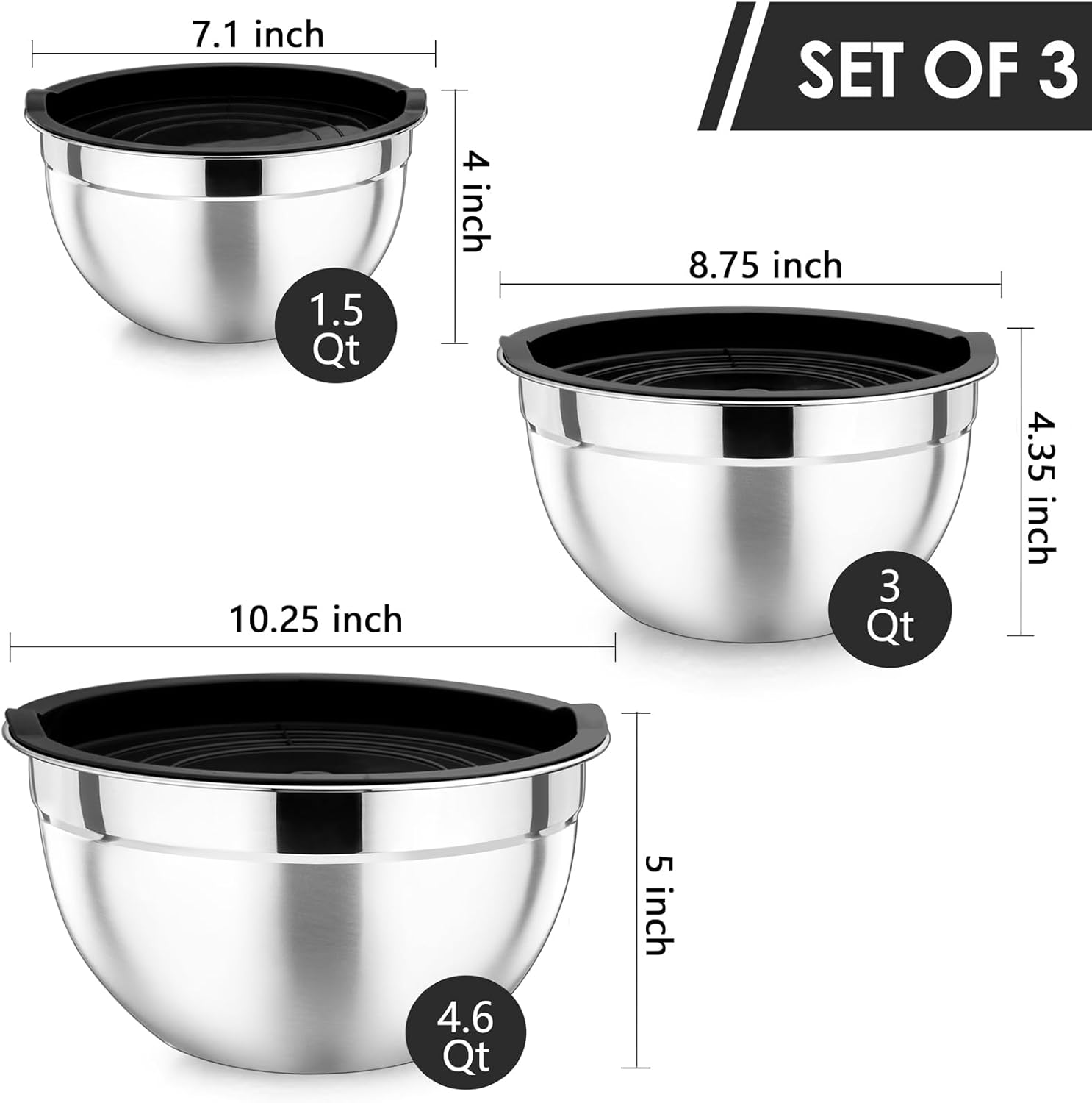 P&P CHEF Mixing Bowls Set - 3 Stainless Steel Bowls with Lids | Airtight & Stackable, 4.6/3/1.5 QT