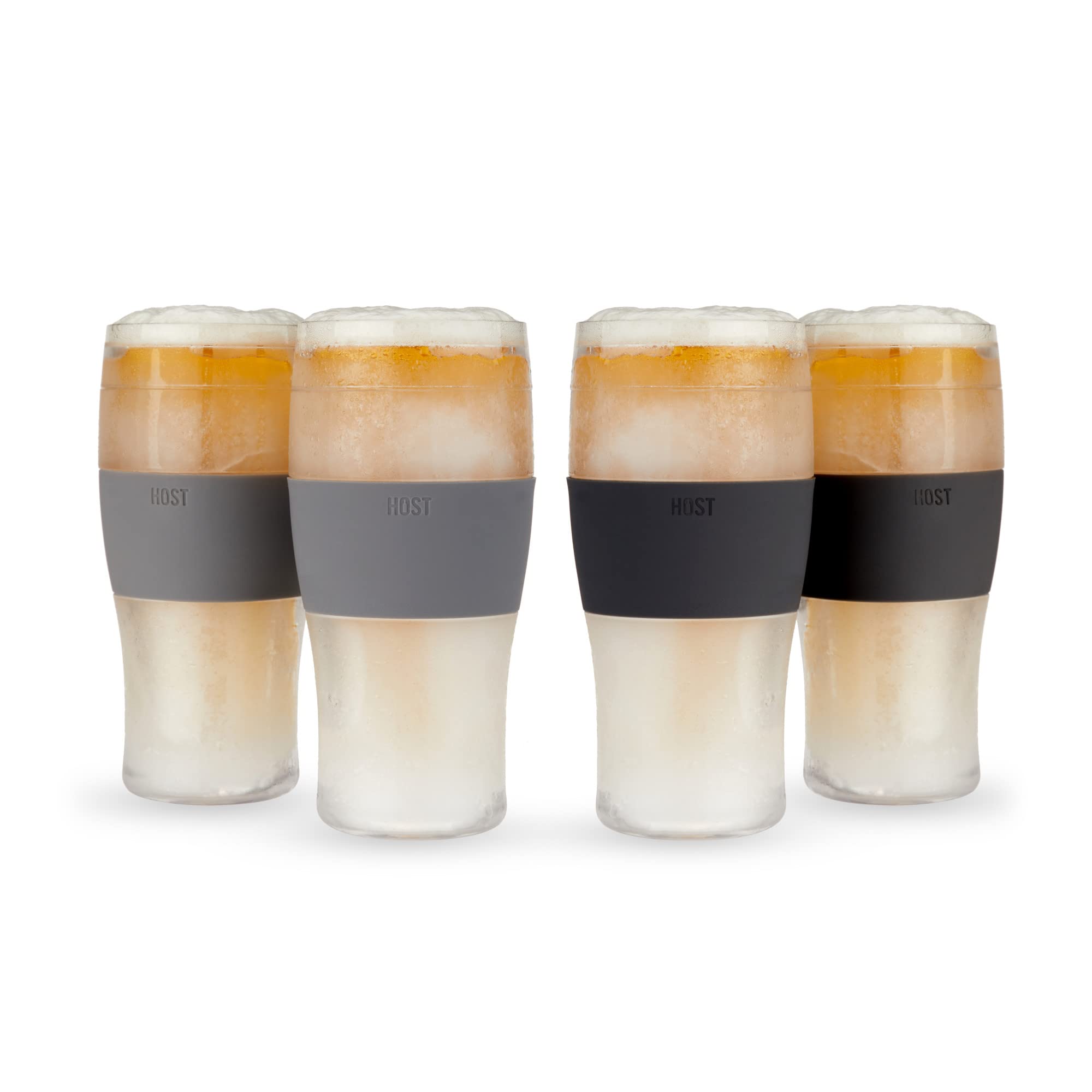 HOST Freeze Beer Glasses, 16 ounce Freezer Gel Chiller Double Wall Plastic Frozen Pint Glass, Set of 4, Black and Grey