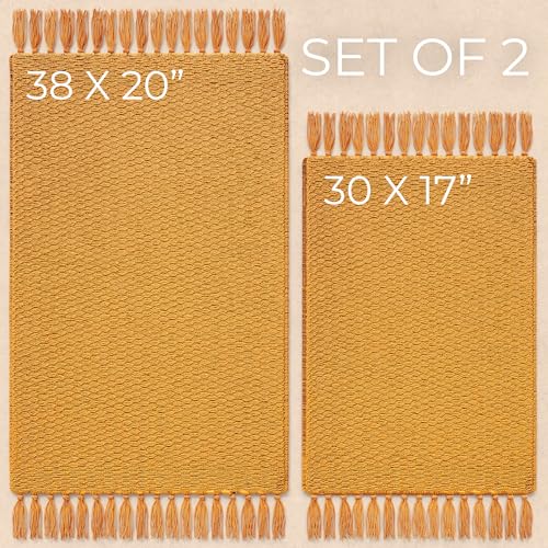 KIBAGA Set of 2 Mustard Boho Bathroom Rugs - Soft Cotton, Non-Slip, Washable