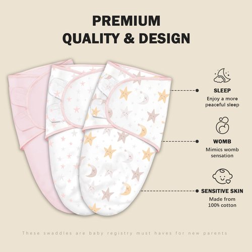 Cute Castle Baby Swaddle Sleep Sacks - Ergonomic Newborn Swaddles for Boys & Girls | 3-Pack (0-3 Months - Pink, Moon, Stars)