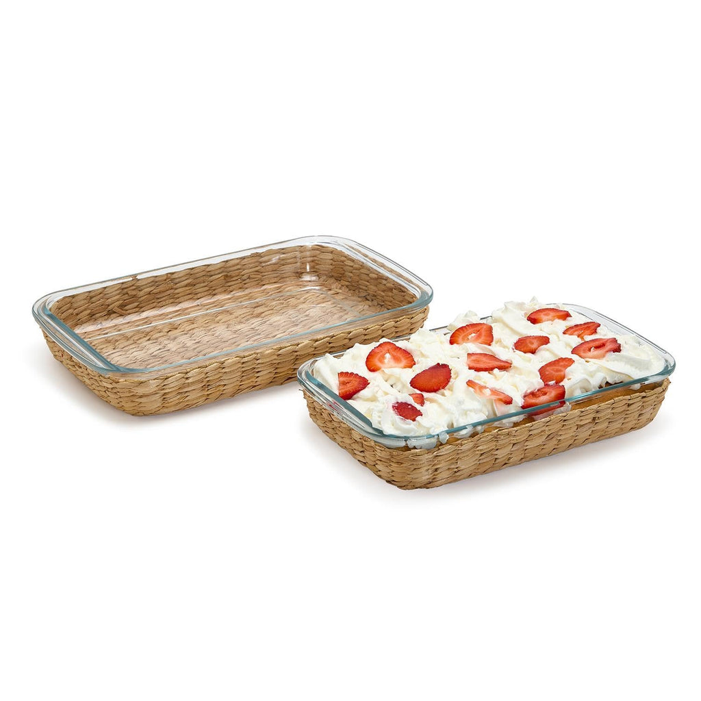 Two's Company Island Chic Set of 2 Borosilicate Glass Baking Dish with Removable Handwoven Lattice, 2.2L and 3L, Glass, Kitchen Serveware Accessories