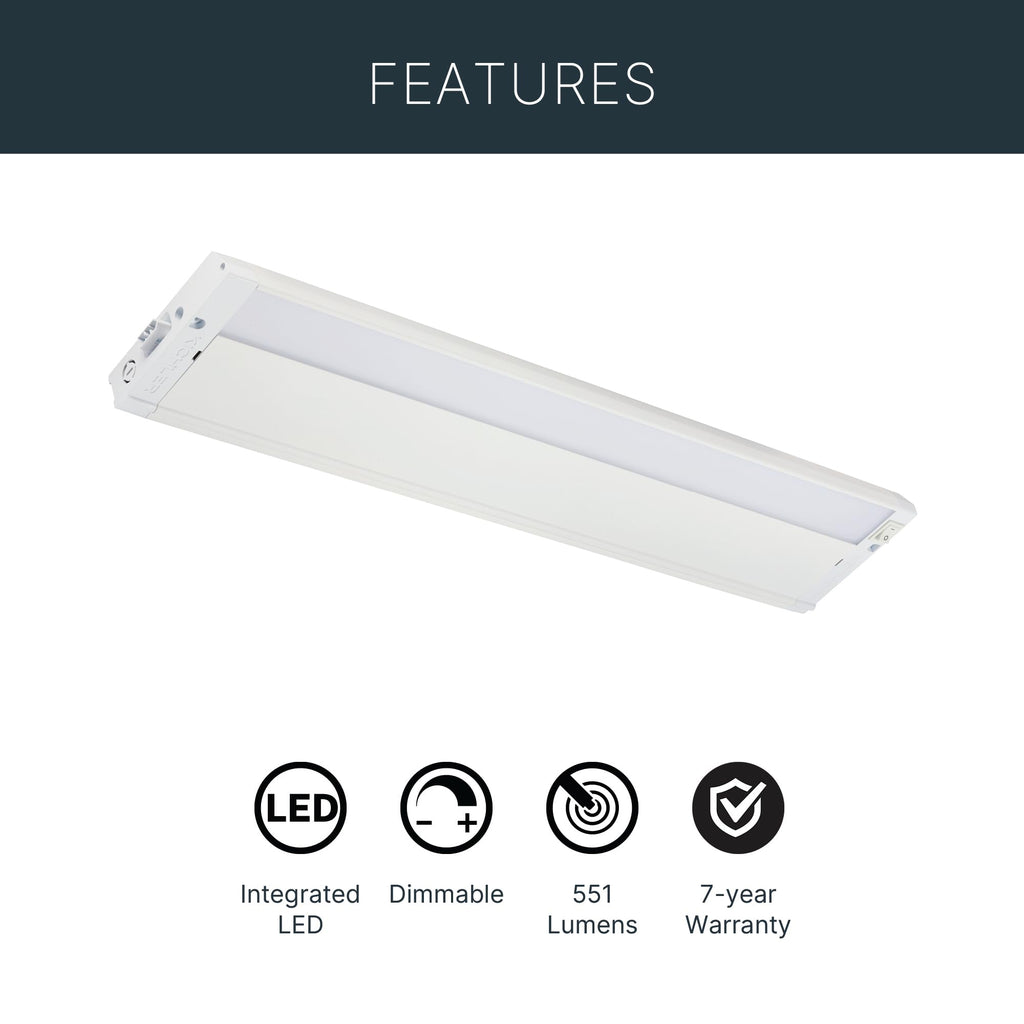 Kichler 4U Series 22" 120V LED Under Cabinet Light in White, 3000K, (22" L x 4.5" W x 1"H), 4U30K22WHT