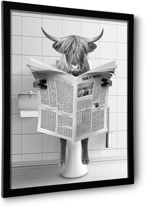Highland Cow Wall Art by Framed Decor - Funny Bathroom Canvas Print Ready to Hang | 11''x14''
