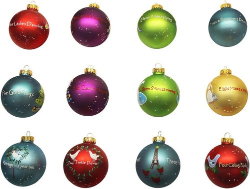 Kurt Adler Twelve Days of Christmas Ball Ornaments - 65mm | Set of 12 Festive Decorations