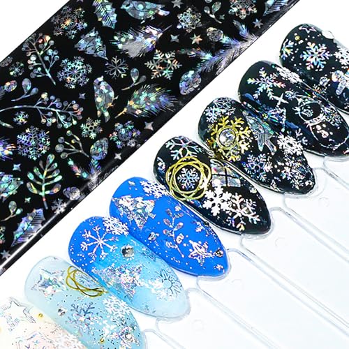 Christmas Aurora Nail Foil Transfer Stickers - 10 Sheets Holographic Winter Snowflakes & Trees DIY Manicure Decals