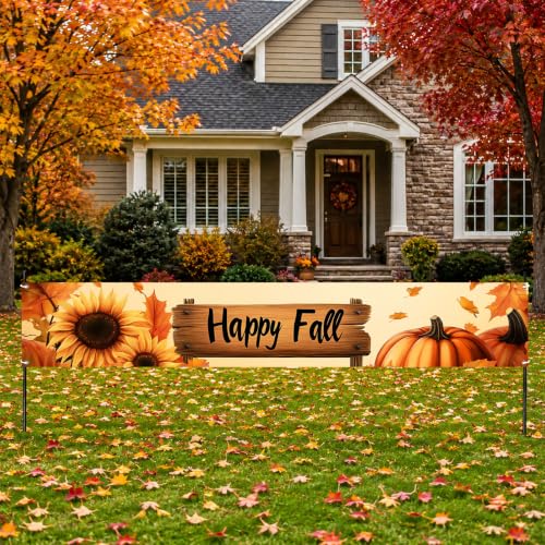 BlissYard Happy Fall Porch Banner 118x20 Sunflower Pumpkin Outdoor Decor