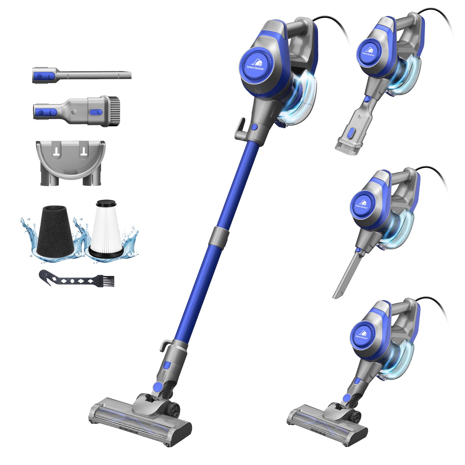 Intercleaner 23Ft Corded Vacuum Cleaner, with LED Headlights & Large Dust Cup, Powerful Suction for Hard Floors & Carpets, Adjustable Stick, Perfect for Pet Hair, Wall Mount Storage
