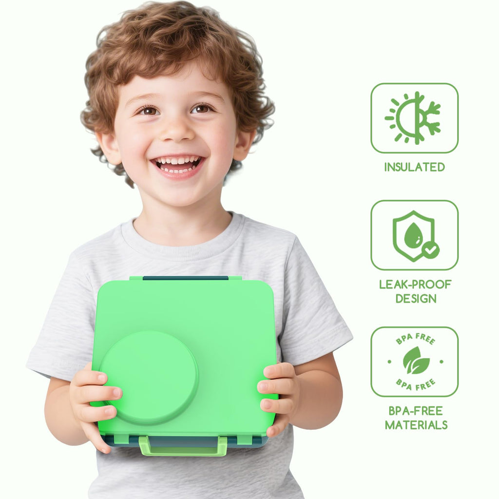 JoyYum Bento Box for Kids - Leak-Proof Bento Lunch Box with Insulated Thermos Food Jar - 4 Compartments, 1 Removable Divider, 1Spoon, 1 Fork - Dishwasher Safe, BPA-Free (Green)