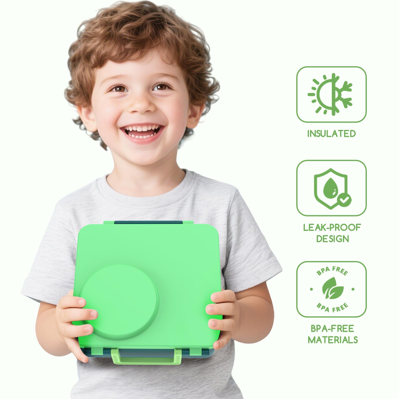 JoyYum Bento Box for Kids - Leak-Proof Bento Lunch Box with Insulated Thermos Food Jar - 4 Compartments, 1 Removable Divider, 1Spoon, 1 Fork - Dishwasher Safe, BPA-Free (Green)