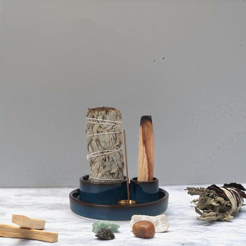 Fancy Lemon 4 in 1 Incense Holder, Palo Santo Stick Holder,Sage Holder for Burning- 4.25" Sage Incense Holder for Meditation Room Home Decor (Blue Reactive)