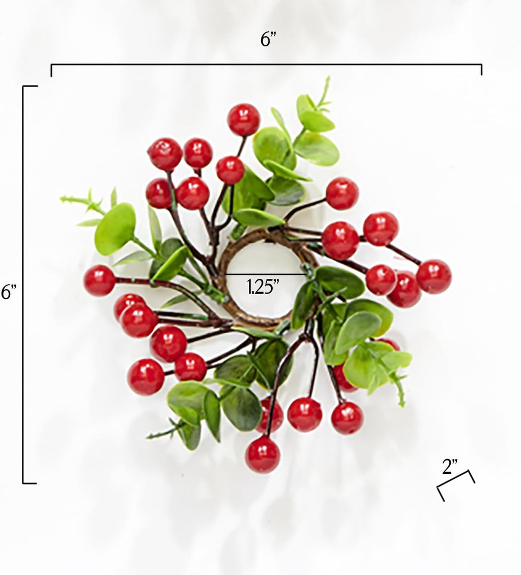 Skiennix Taper Candle Ring Set - 1.25" Inner Diameter with Red Berries & Eucalyptus Leaves - Set of 6