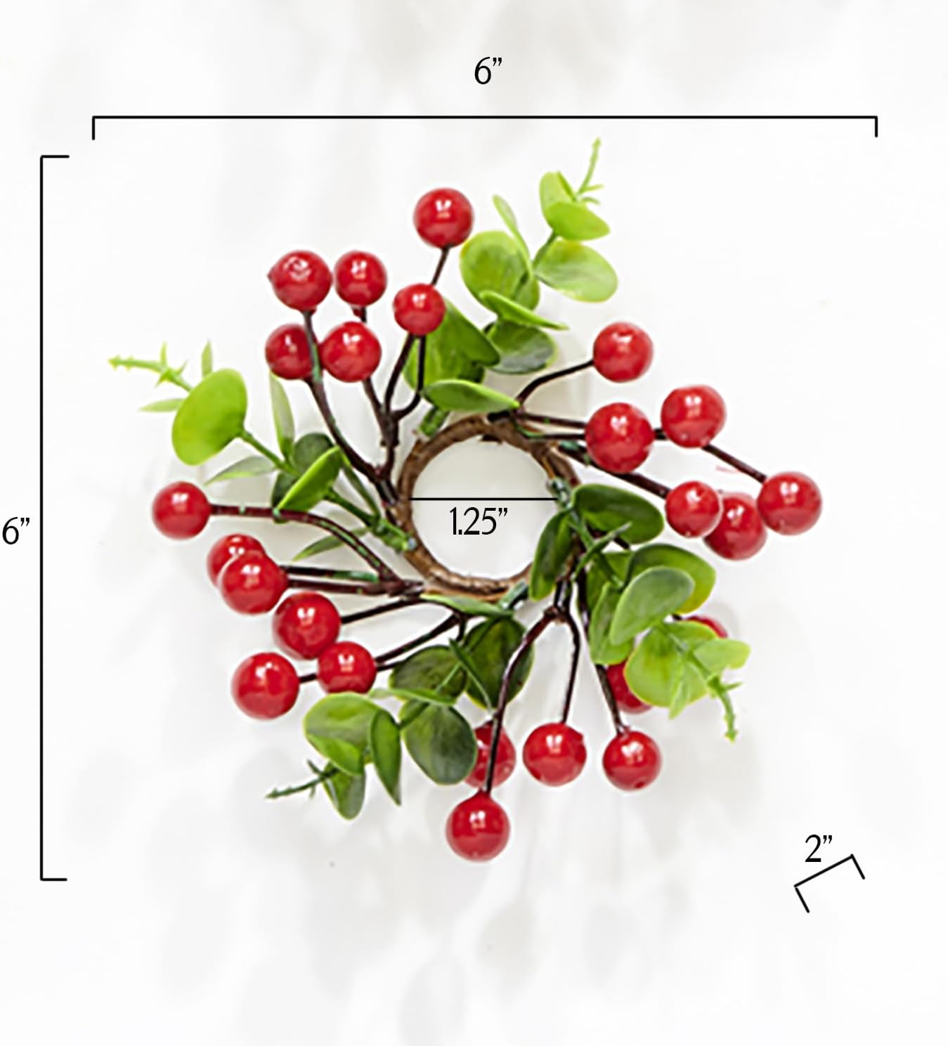 Skiennix Taper Candle Ring Set - 1.25" Inner Diameter with Red Berries & Eucalyptus Leaves - Set of 6