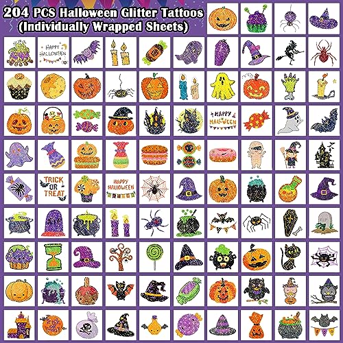 Partywind Glitter Halloween Temporary Tattoos for Kids, 204 PCS