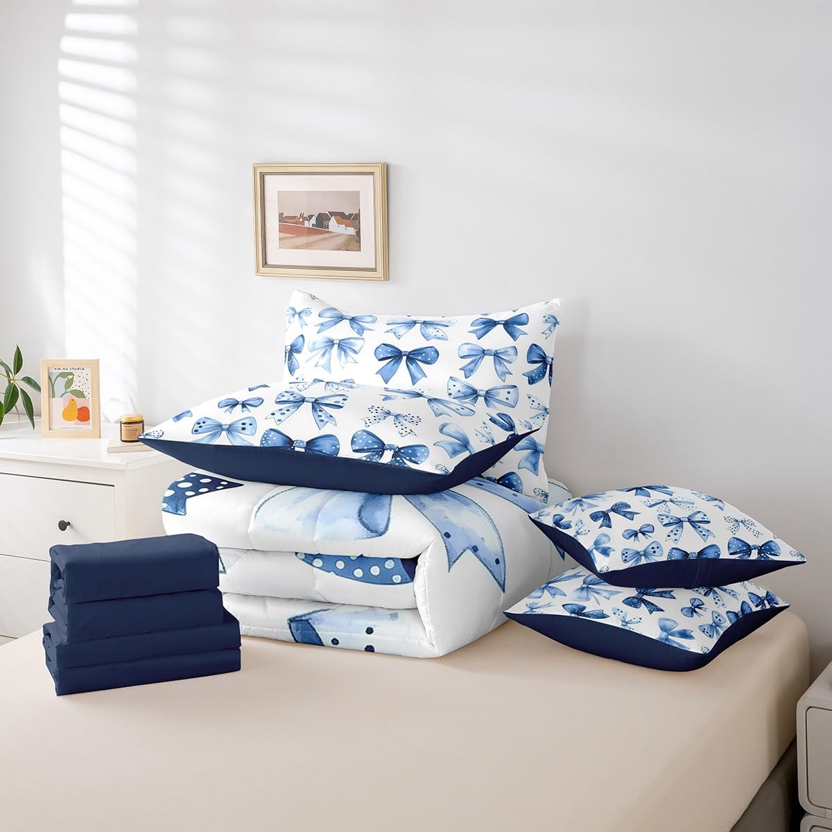 Erosebridal Kids Blue Bow Comforter Set with Sheets Twin Size Princess Bow Tie Girls Bed in A Bag Ultra Soft Butterfly Knot 7 Pieces Bed Set Bedroom Decor Fairy Tale Theme Girlish Room Decor