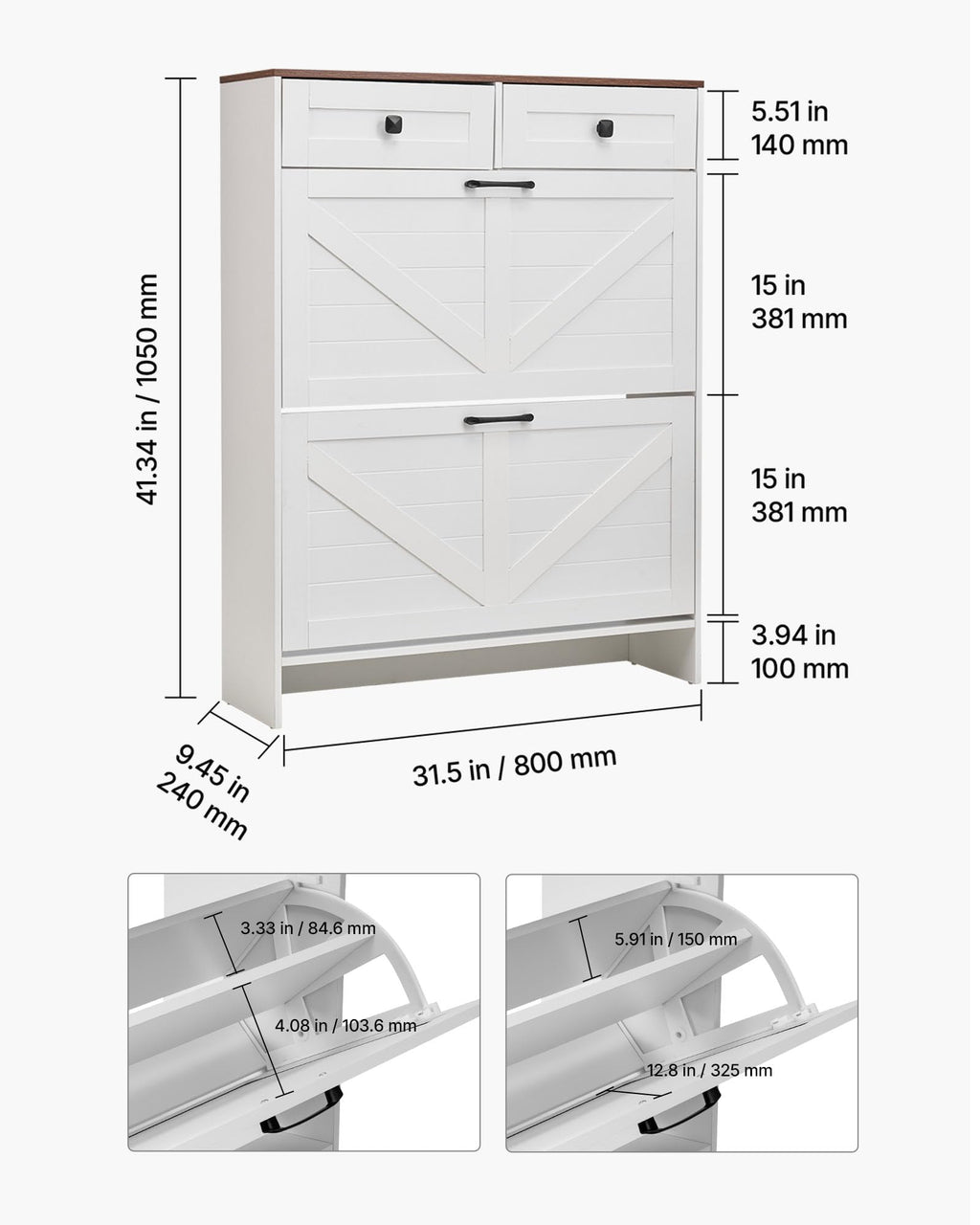 VEVOR Shoe Cabinet with 2 Flip Drawers, Farmhouse Shoes Storage Cabinet with 2 Drawers and Anti-Tipping Device, Freestanding Shoe Organizer Ideal for Entryway, Hallway, Bedroom, Living Room, White