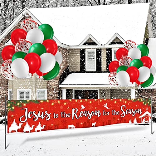 Nativity Christmas Banner with Balloons - Jesus is the Reason for the Season Holiday Decor