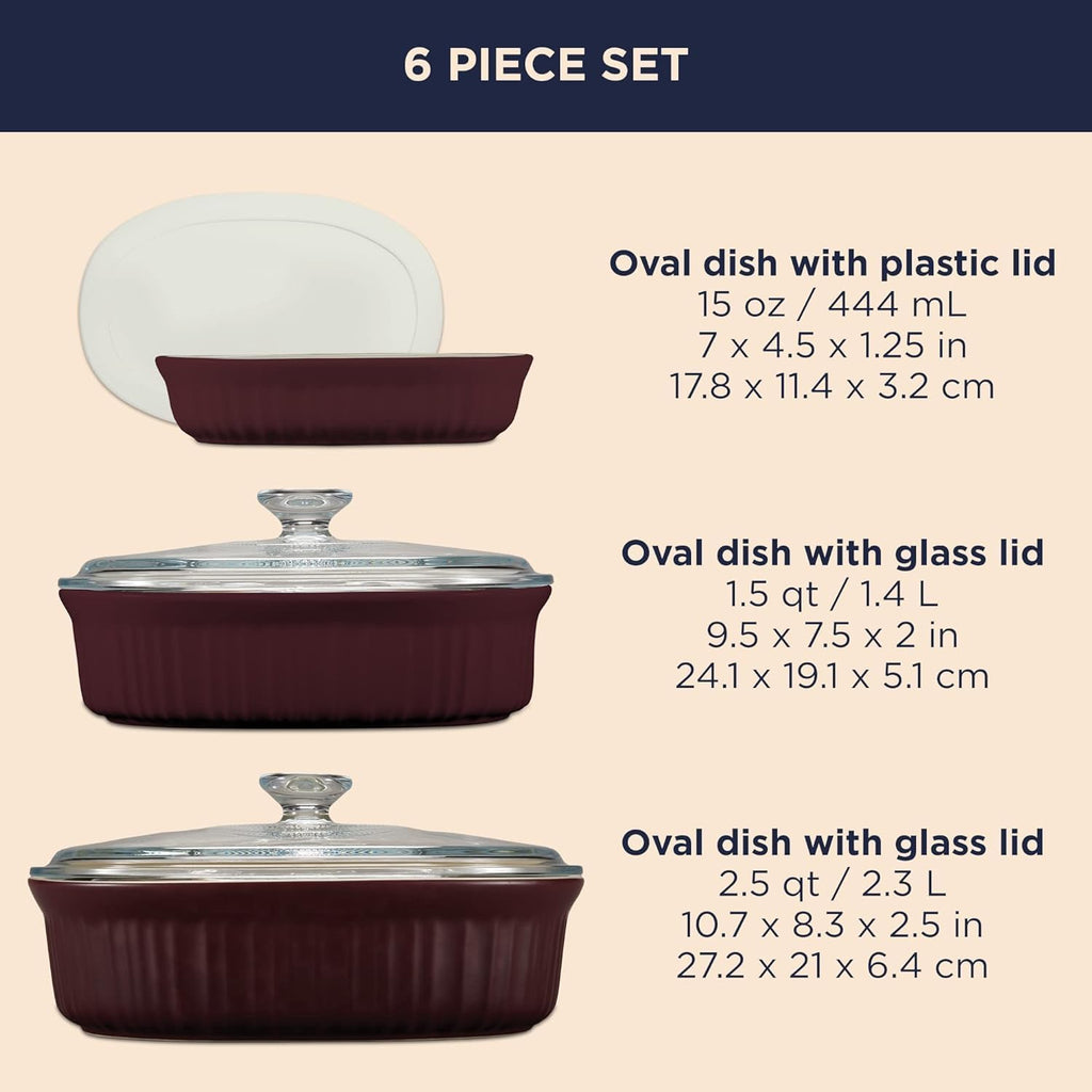 CorningWare Ceramic Bakeware Set - Chip & Crack Resistant Stoneware | 6-Piece French Cabernet, Safe for Oven & Microwave