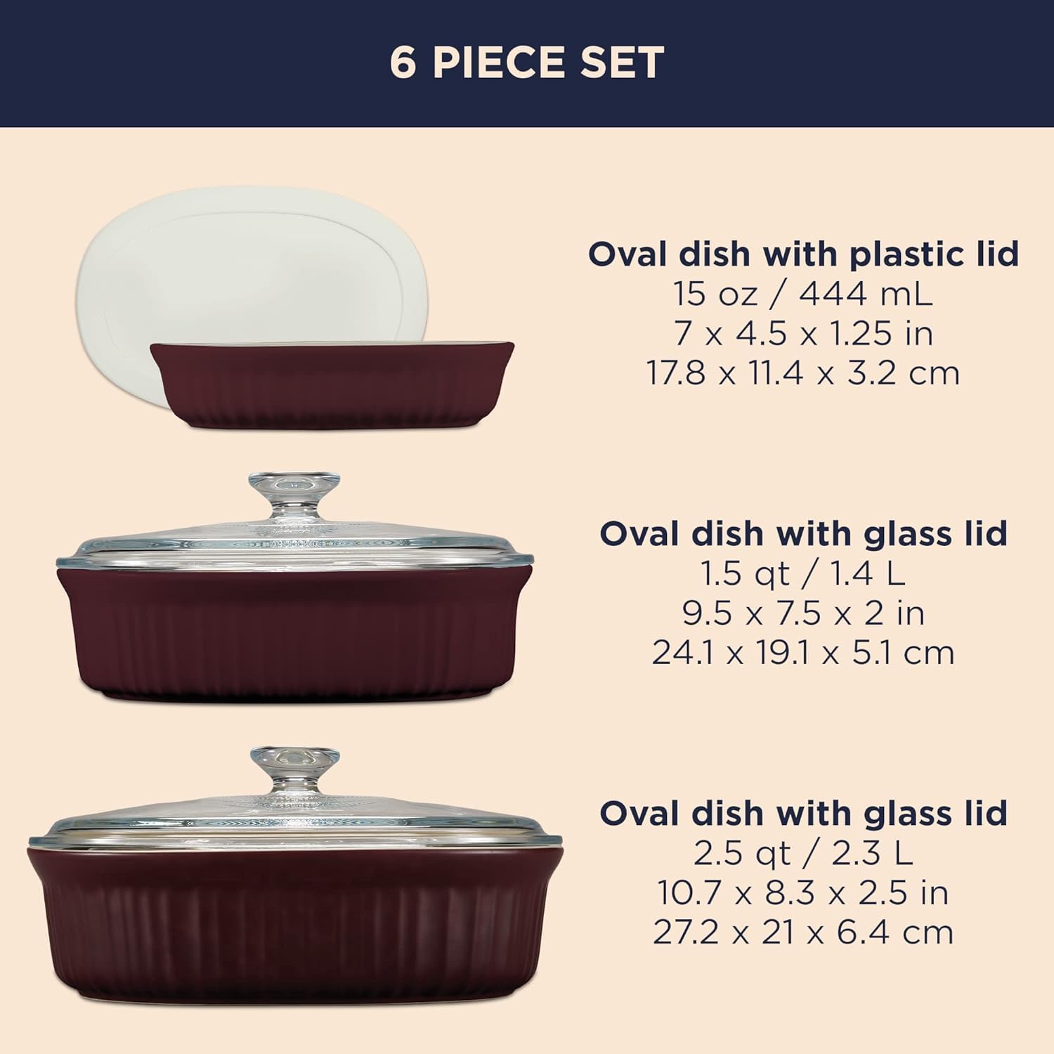 CorningWare Ceramic Bakeware Set - Chip & Crack Resistant Stoneware | 6-Piece French Cabernet, Safe for Oven & Microwave