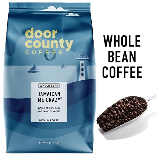 Door County Coffee Jamaican Me Crazy® Flavored Coffee - Medium Roast Whole Bean - 5lb Gourmet Bag - Rum & Vanilla Infusion
