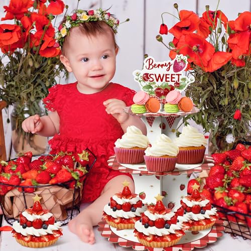 Haooryx Strawberry Cupcake Stand 3-Tier Red Plaid Party Decor - Variation: Strawberry/1