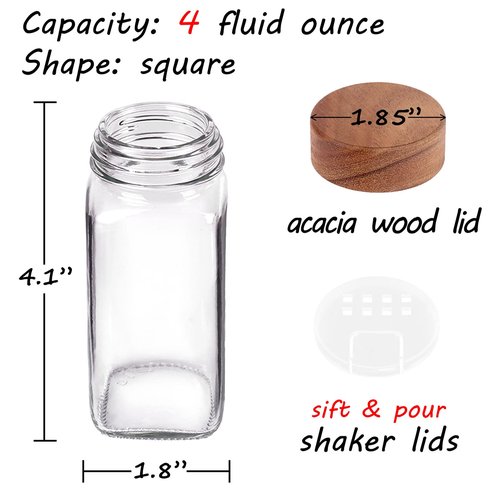 Churboro 48 Spice Jars with 547 Labels and Shaker Lids - Glass - 4 Oz Square Containers with Acacia Wood Lids, Chalk Pen, Funnel Seasoning Jars for Spice Rack, Cabinet, or Drawer