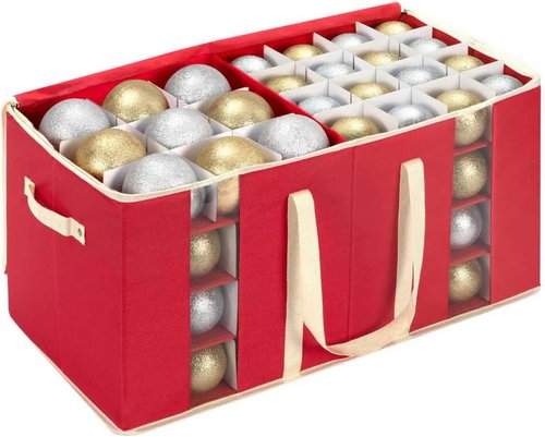 DIMESHY Large Christmas Ornament Storage Box - Adjustable Dividers & Two Handles for 128 Decorations | Red