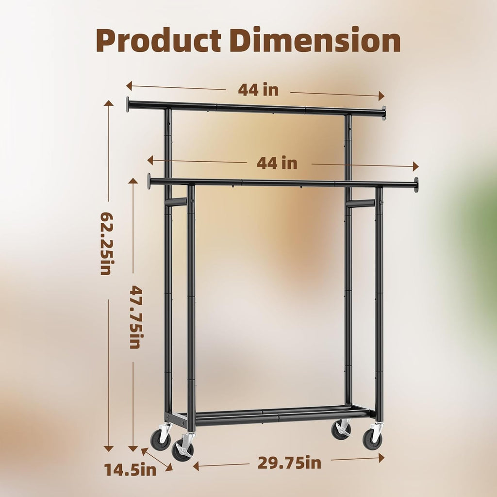 Simple Trending Clothes Rack - Double Rod Metal Garment Rack with Rolling Wheels | Portable Wardrobe for Bedroom & Laundry - Black
