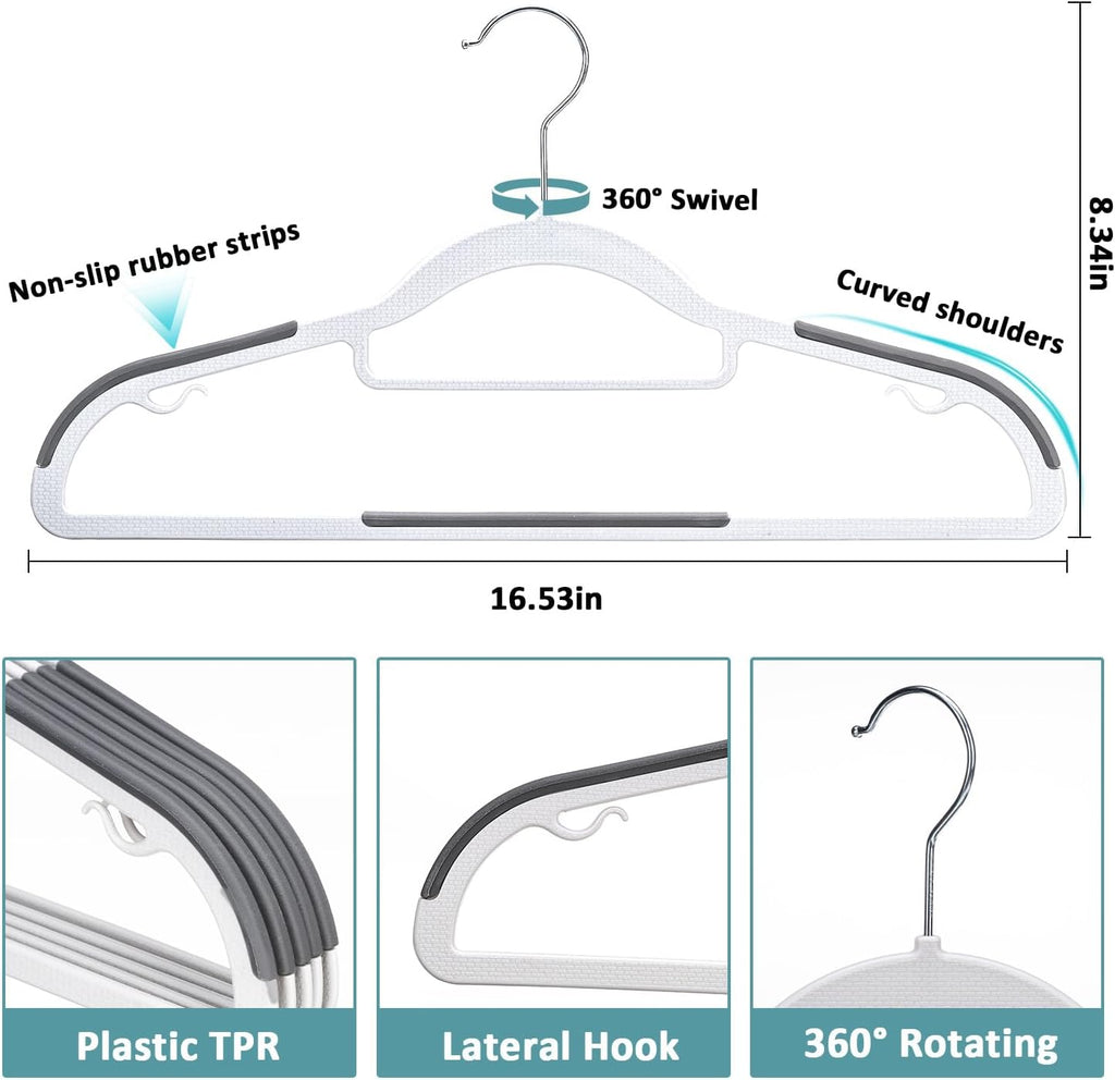 Skiennix 30-Pack Plastic Clothes Hangers - Space-Saving Non-Slip Design with 360° Swivel Hook | Slim & Sturdy Heavy-Duty Coat Hangers in White & Dark Gray