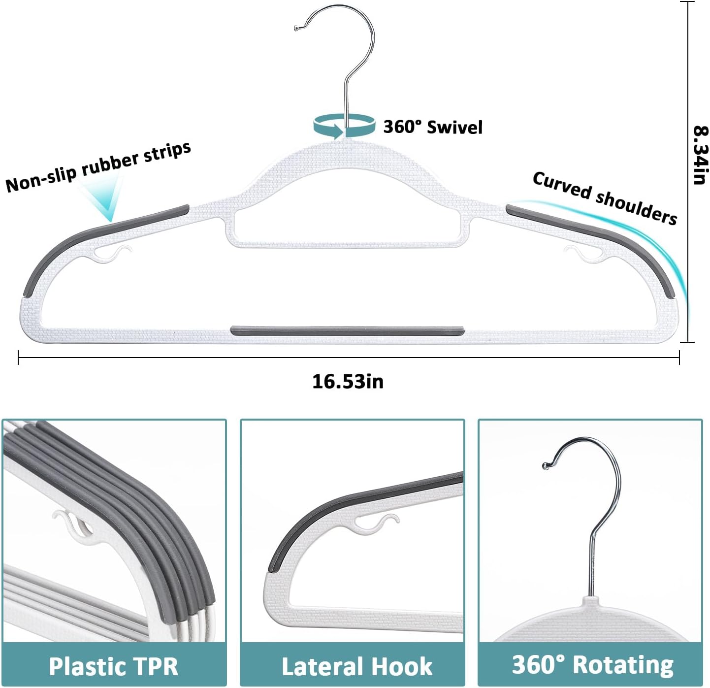 Skiennix 30-Pack Plastic Clothes Hangers - Space-Saving Non-Slip Design with 360° Swivel Hook | Slim & Sturdy Heavy-Duty Coat Hangers in White & Dark Gray