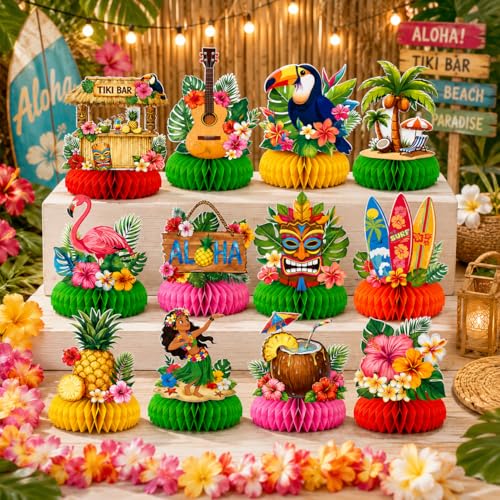 Hawaiian Luau Party Decorations - Tropical Honeycomb Centerpieces, 12 Pcs
